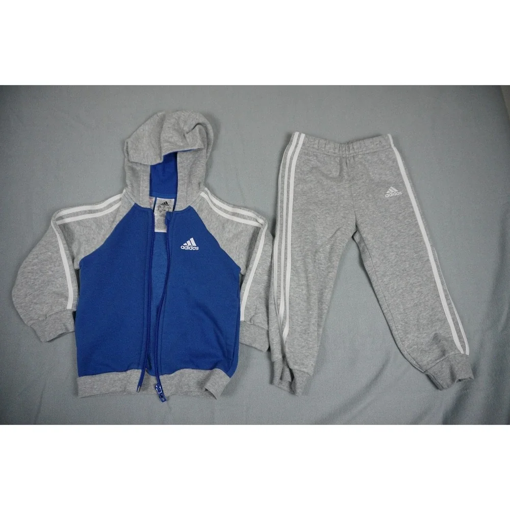 Adidas Boys Zip Up Jogger Tracksuit Set - Blue and Gray Size 2T
